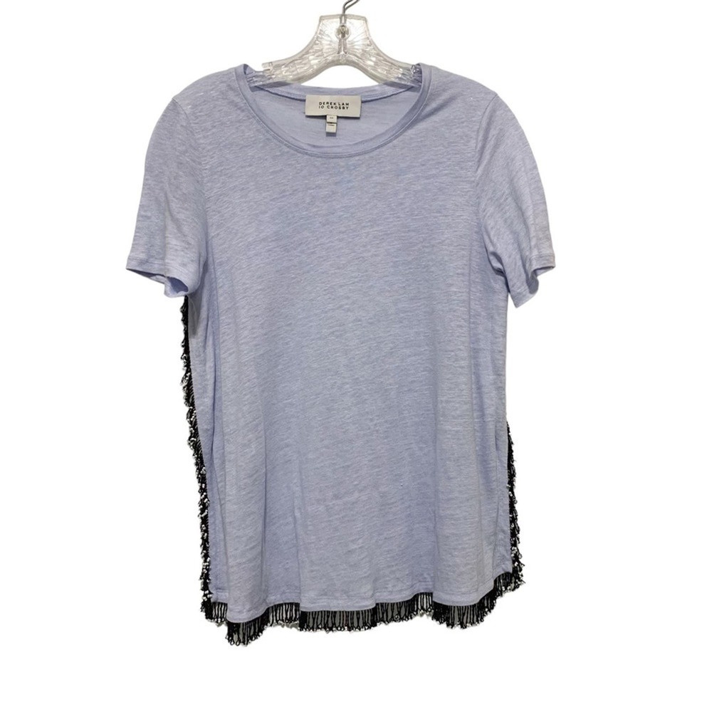 DEREK LAM 10 CROSBY Beaded Fringe 100% Linen Short Sleeve Top Light Blue